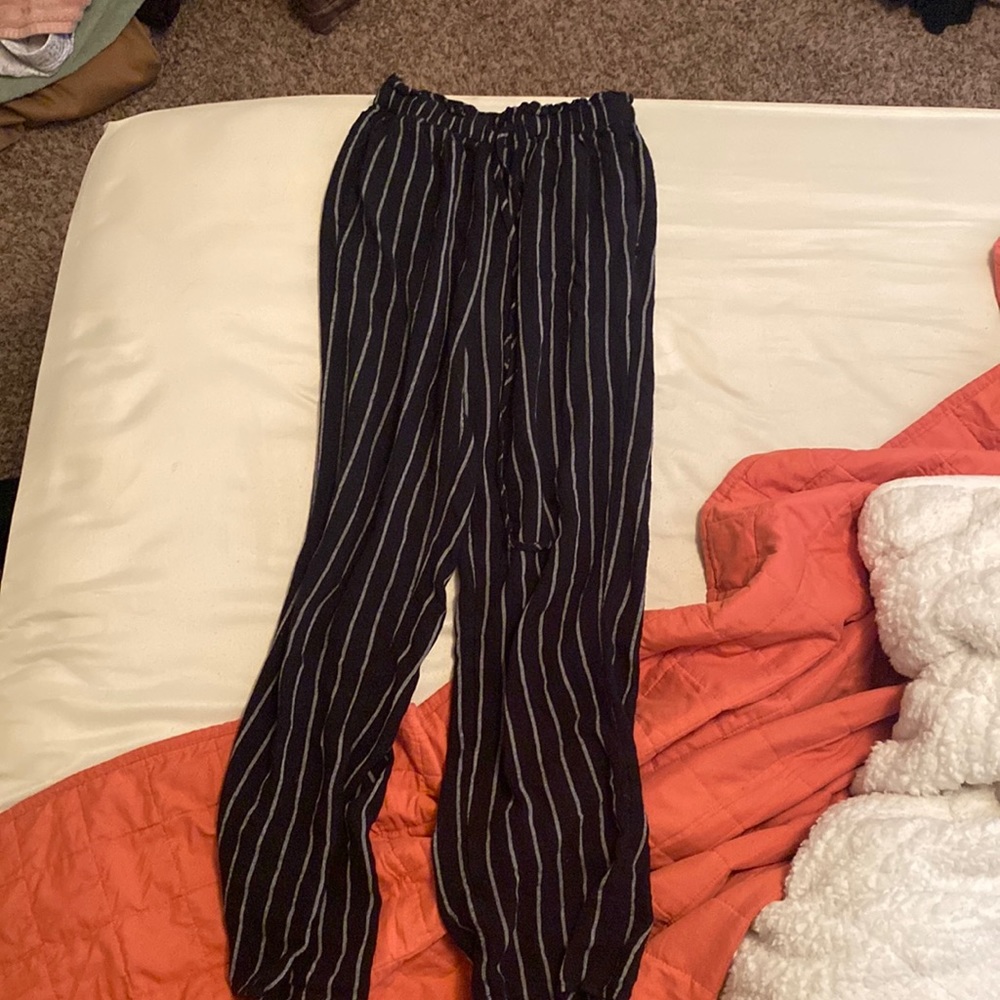 xs black & white striped pants with a synched waist